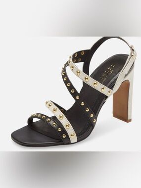 CECILIA NEW YORK Black and White Gold-Stud Strappy Heel